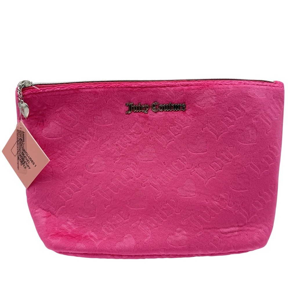 Juicy Couture Pink Velour Cosmetic Makeup Bag Heart Charm Travel Toiletry Case‎